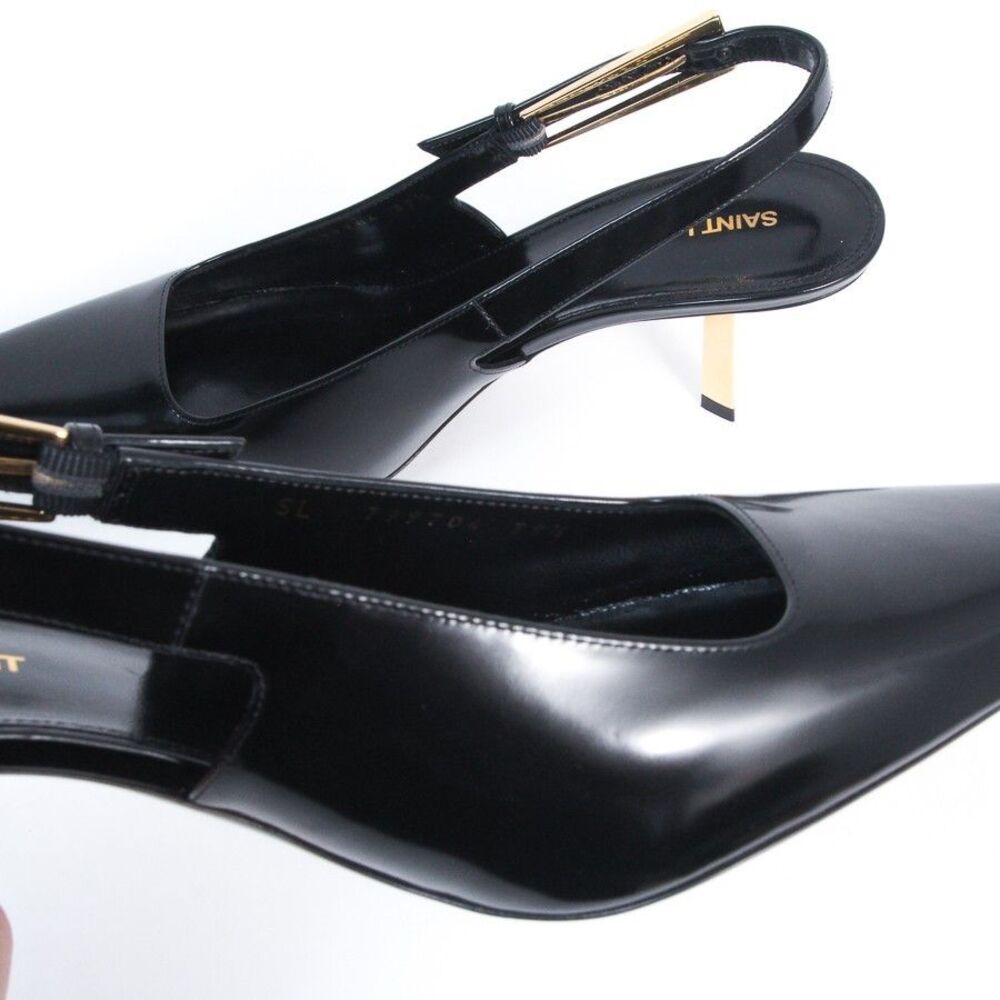 Saint Laurent YSL Lee Slingback Pumps Black Leather Gold Heel Shoes 39.5 NIB - Picture 9 of 13